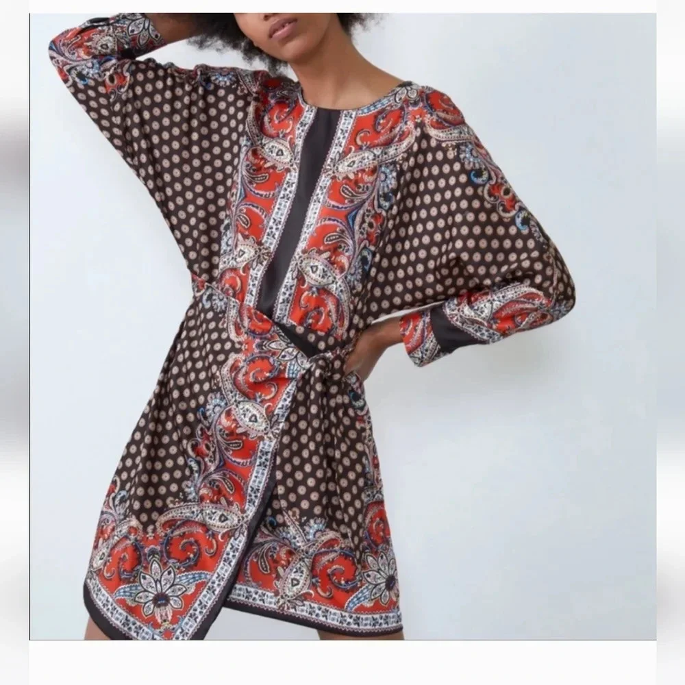 Zara Paisley Print Faux Wrap Mini Dress XS Boho Long Sleeve NWOT